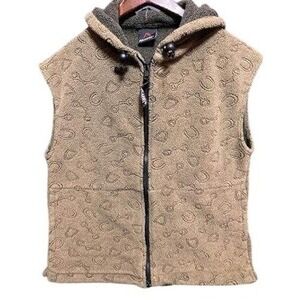 Hooded Fleece Vest Sleeveless Jacket Horseshoe Pattern Brown Casual